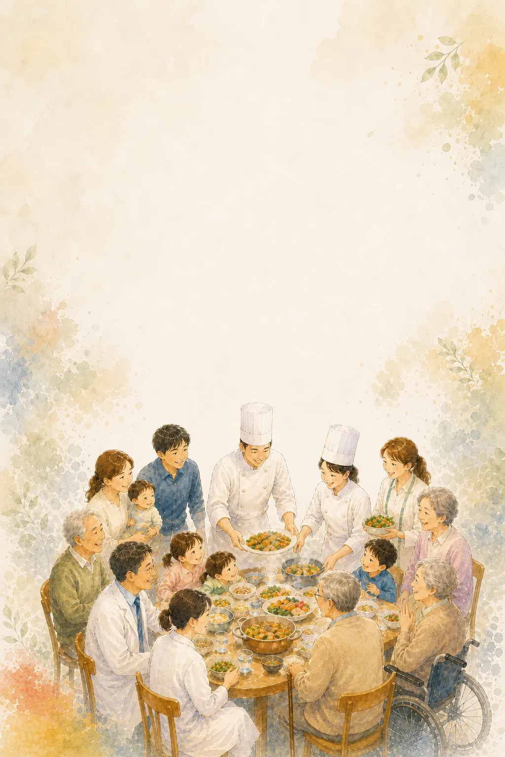 給食を囲む人々の水彩イラスト