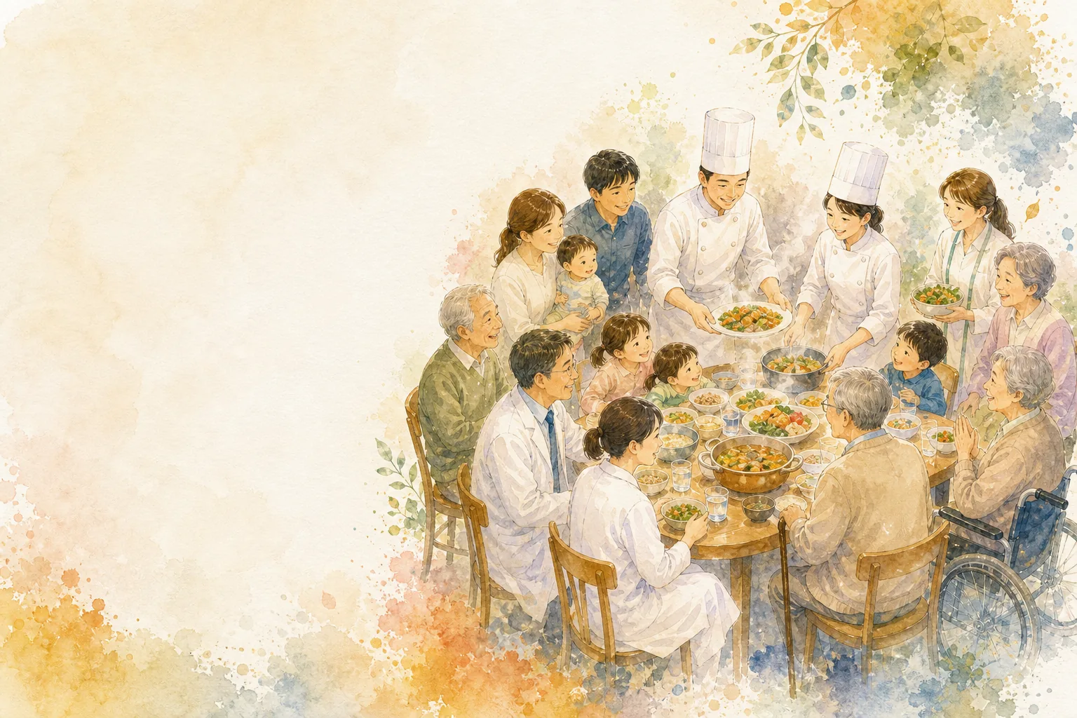 給食を囲む人々の水彩イラスト